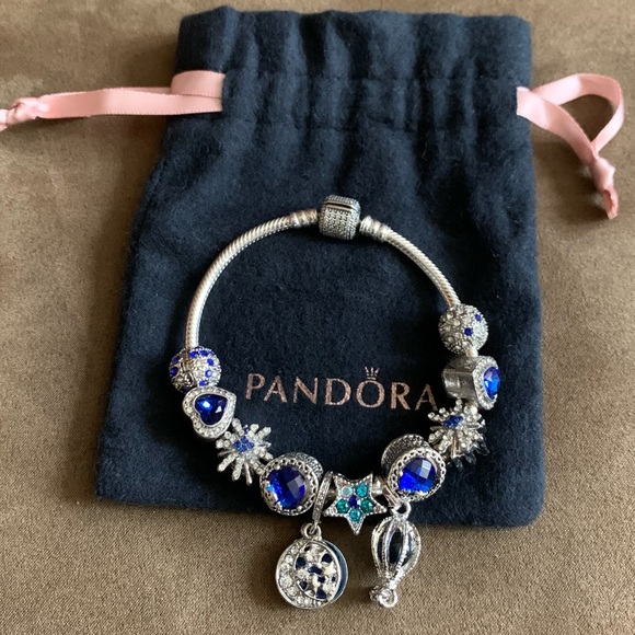 Pandora Sparkling Pave Barrel Clasp Bracelet w/ 11 Blue Theme Charms